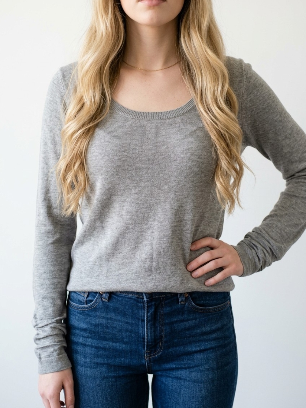 Basic Gray Scoop Neck Long Sleeve Sweater